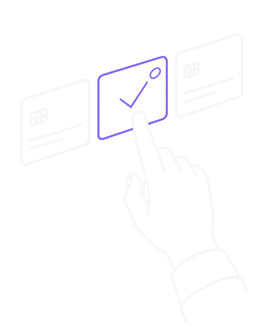 A hand ticking one of three bank cards; the ticked card is highlighted.