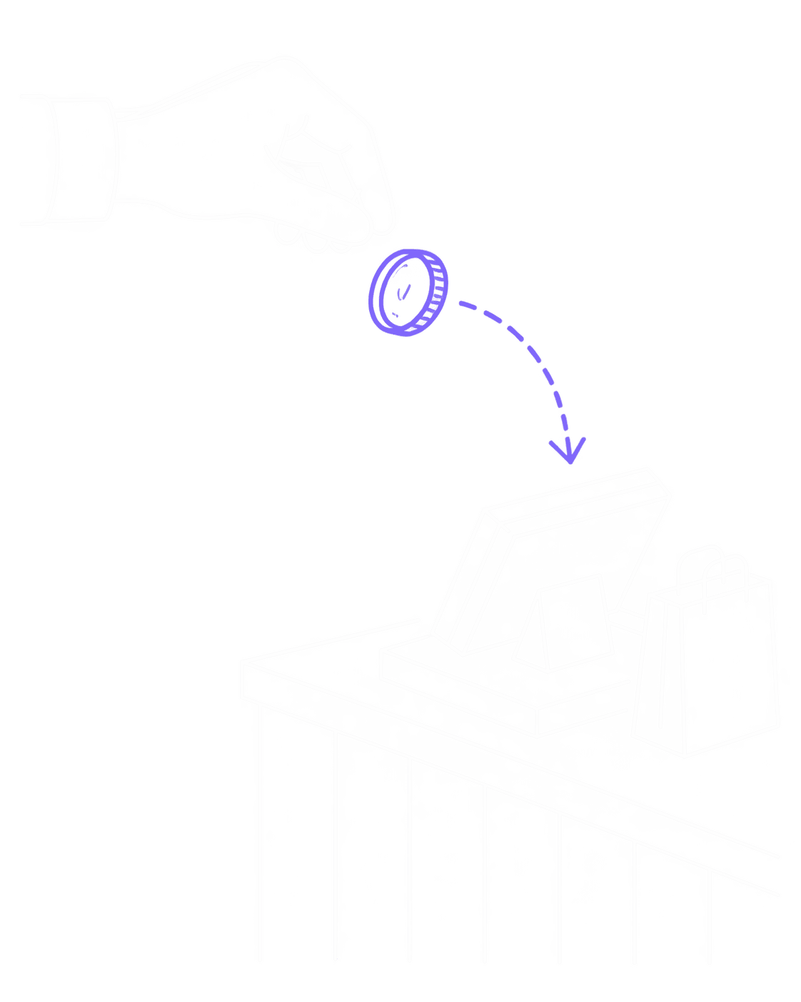 A hand releasing a single coin that arcs down towards a checkout terminal.