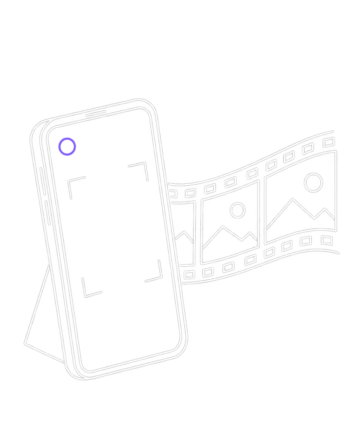 A phone propped upright and recording, with film frames trailing off to one side.